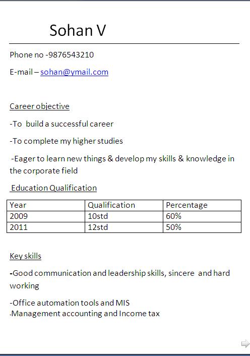 career objective for resume for fresher 12th pass