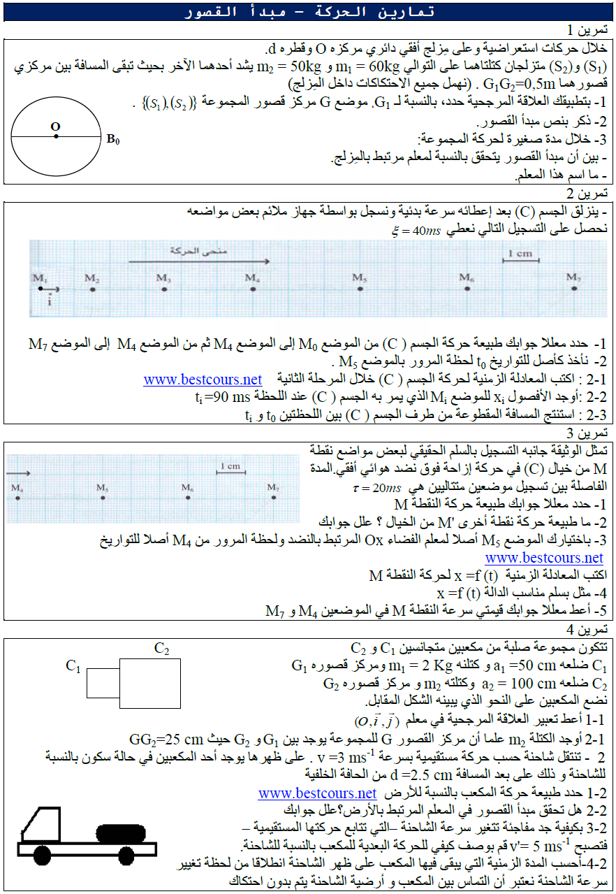 سلسلة تمارين في الحركة و مبدأ القصور الجذع المشترك العلمي