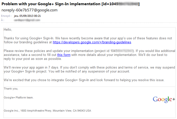 Signalement mauvaise implémentation Google+ Sign-In par email de Google