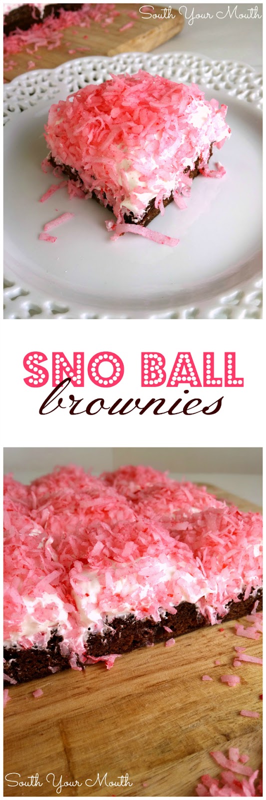 Sno Ball Brownies just like the classic Hostess snack cakes! (You can also use green dye and jelly beans or M&Ms for Easter Egg Brownies!)