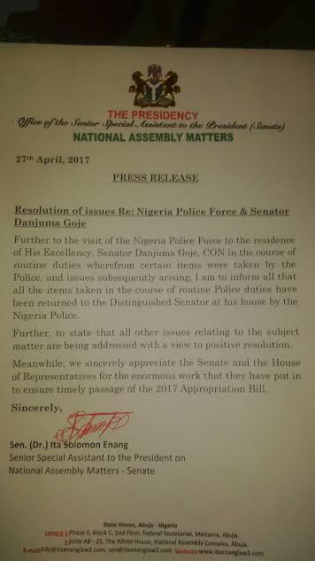 3 Police return document seized from Senator Goje's Abuja home