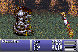 The party battles the Behemoth King, a two-part boss in Final Fantasy VI.