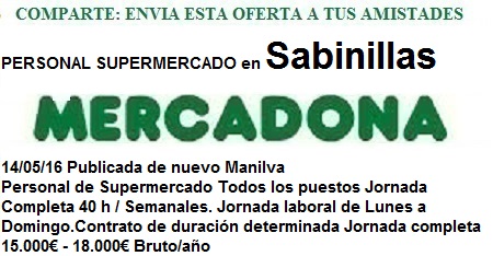 Oferta de empleo Mercadona Manilva, Málaga, Sabinillas Oferta de empleo Mercadona Manilva, Málaga, Sabinillas