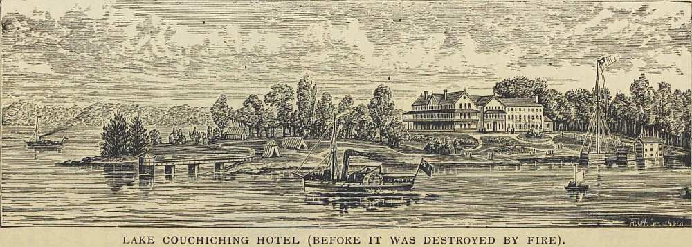 Illustration of the hotel on Lake Couchiching, circa 1890.