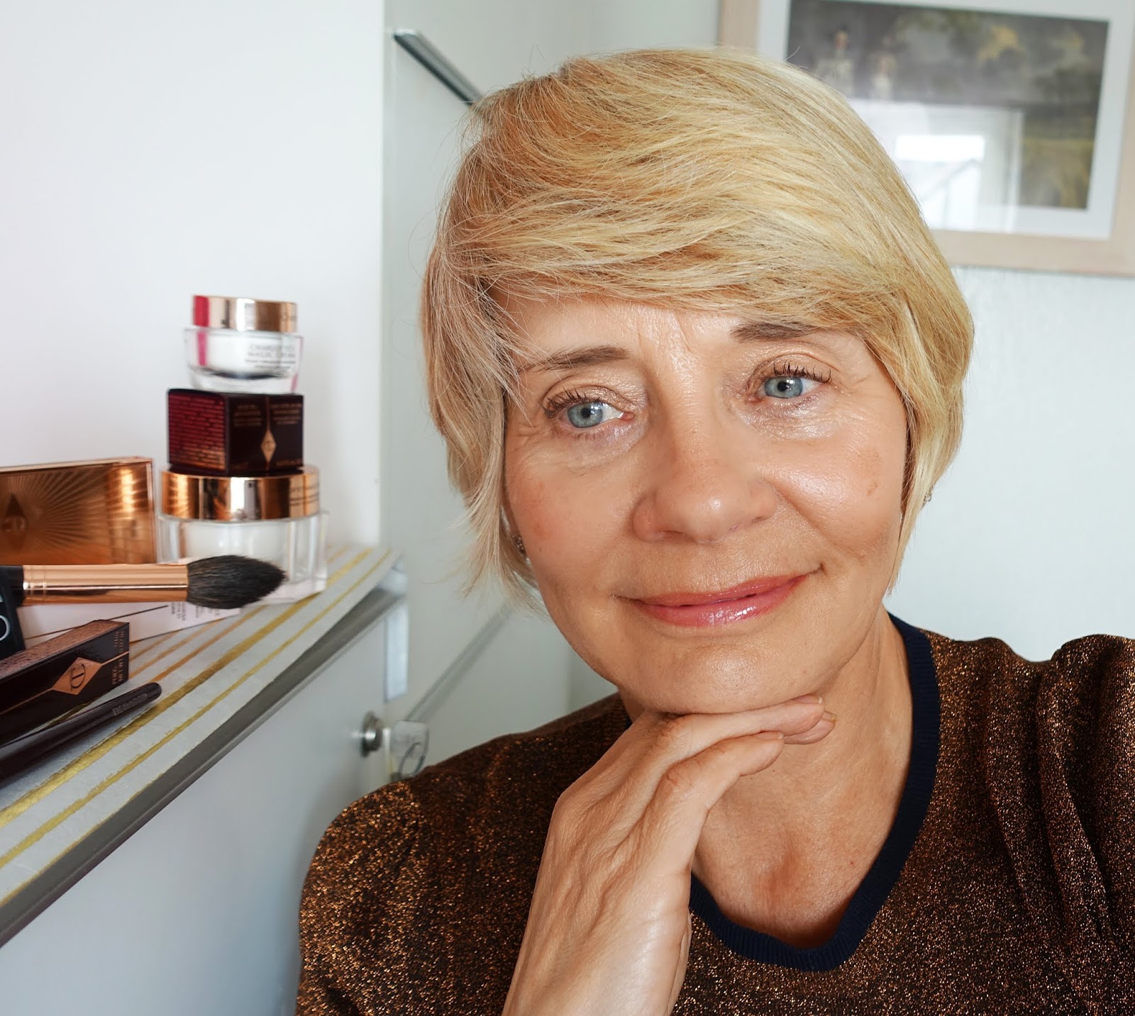 The end result after recreating the Charlotte Tilbury Golden Goddess look, shown on a woman aged 50 plus