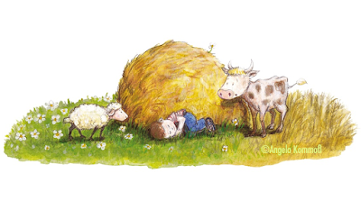Little Boy Blue (2014/2015) ©Angela Kommoß Kinderbuchillustration, Schäfchen, kleiner Stier, schlafender Junge