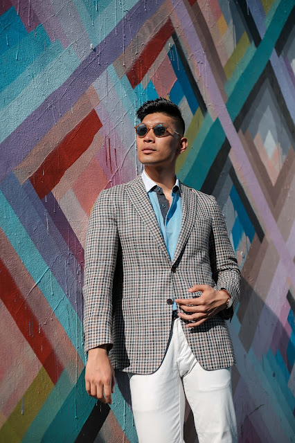 Men's Summer Style, Checked Blazer, Persol Sunglasses, Robert Graham Loafers,  and Uri Minkoff Backpack