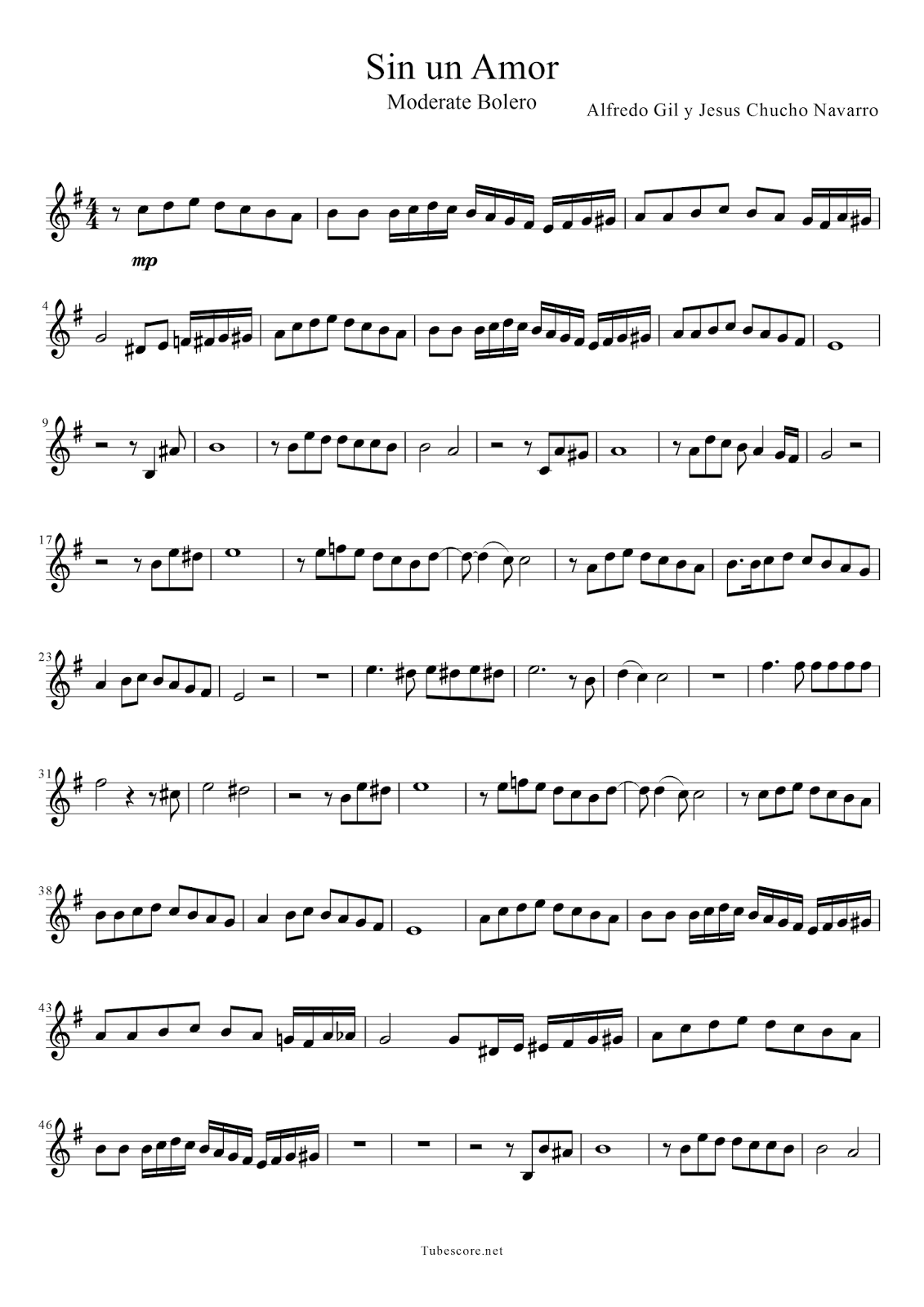 Sin un Amor Partitura de Clave de Sol para Flauta Violin Saxofones Trompeta Clariente Corno...