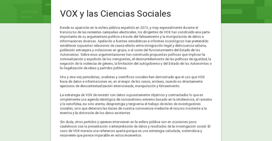 VOX Y LAS CIENCIAS SOCIALES. Comunicado-Manifiesto para firmar.