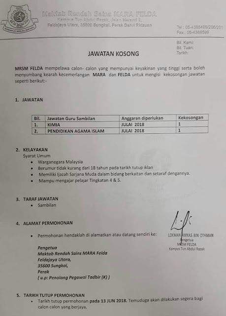Jawatan Kosong Guru Maktab Rendah Sains MARA (MRSM)