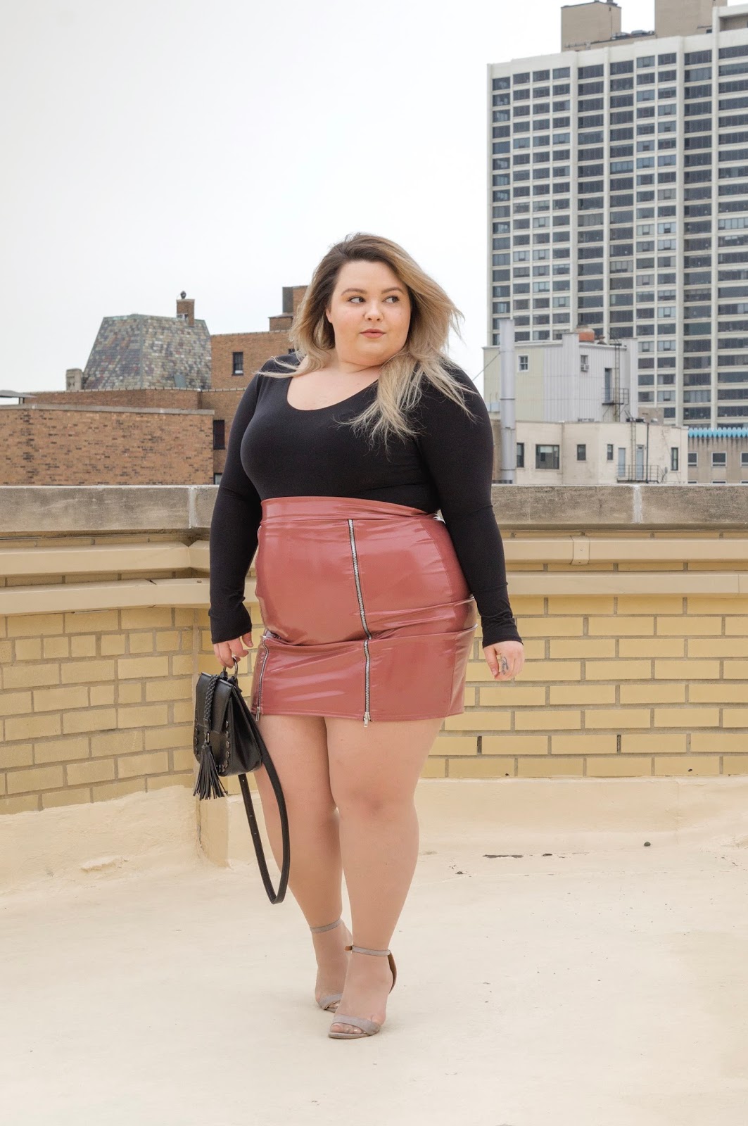 natalie in the city, Chicago fashion blogger, plus size fashion blogger, Chicago style, natalie craig, latex plus size skirt, plus size leather skirt, zipper skirt, plus size body suits, pretty little thing, affordable plus size fashion, embrace your curves, eff your beauty standards, plus model magazine