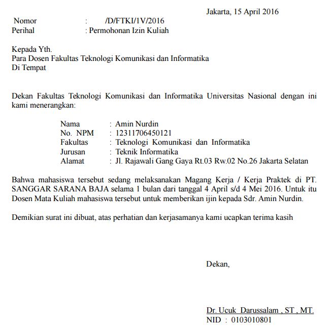 Contoh Surat Izin Kuliah Karena Kerja Praktek Mata Kuliah