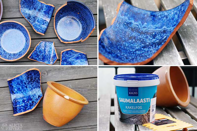 Mosaic materials, photo by Alicia Sivertsson. aliciasivert alicia sivert sivertsson monthly makers mosaik mosaic återbruk remake diy do it yourself gör det själv skapa skapande kreativitet utmaning bloggutmaning hantverk keramik porslin återanvända återanvändning loppisfynd loppis begagnat krossat krossad keramikskärvor skärvor skärva kakelfog kakellim kakel fog lim kruka krukväxt flower pot