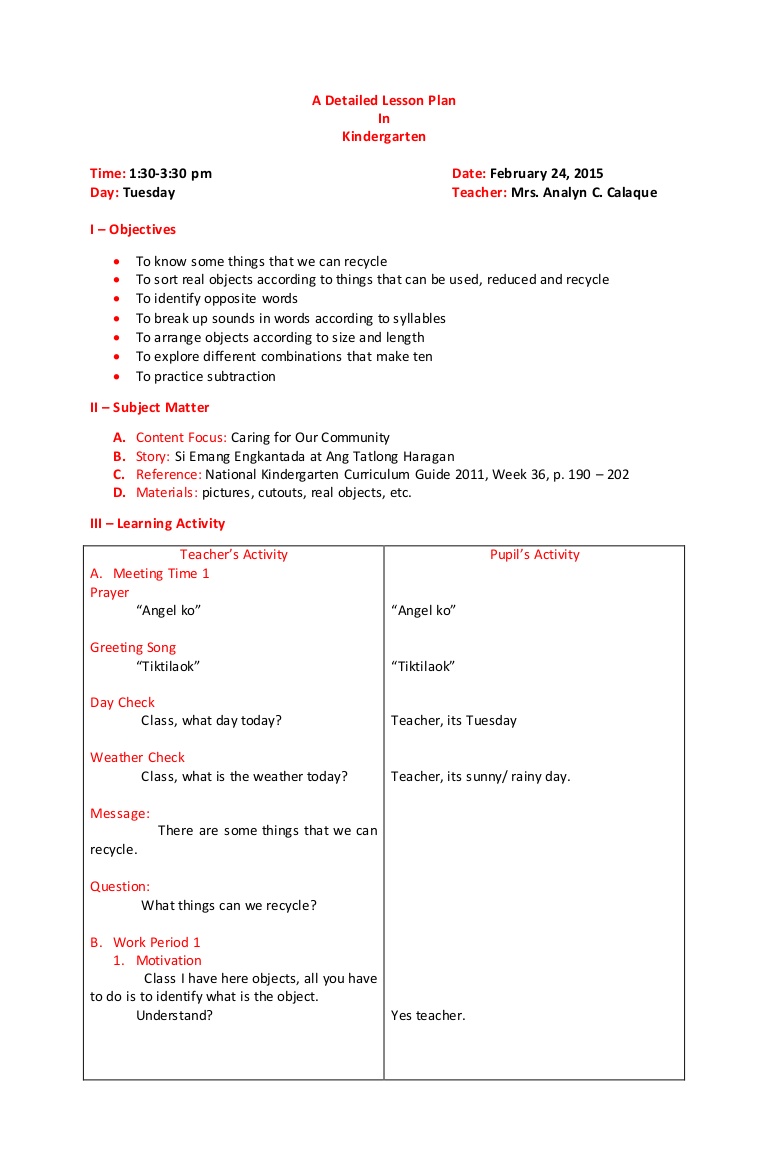 Lesson Plan For Kindergarten Philippines