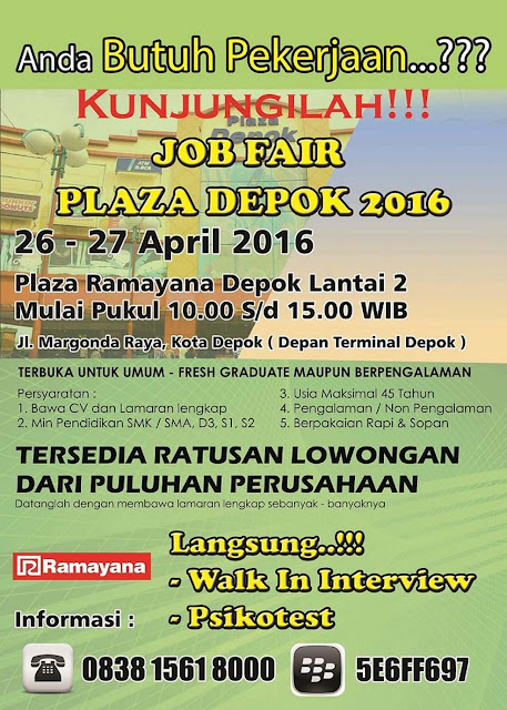 Lowongan Kerja - JOBFAIR PLAZA DEPOK 2016 ( 26 – 27 April 2016 ) -  JadwalResmi.Com | Job Fair - Event - Lowongan Kerja 2020