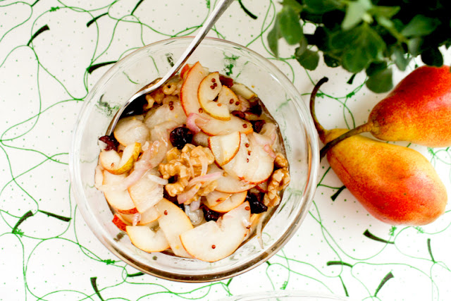 Food Lust People Love: Sweet, sharp and crunchy, this fresh pear walnut cranberry salad is the perfect accompaniment to any rich dish, especially one made with blue cheese.