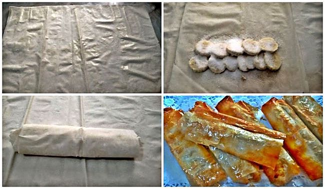 Preparación de los pollitos de plátano con pasta filo
