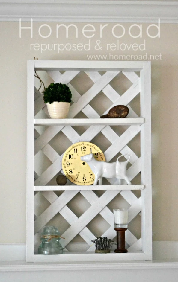 wooden lattice shelving with decorations and overlay