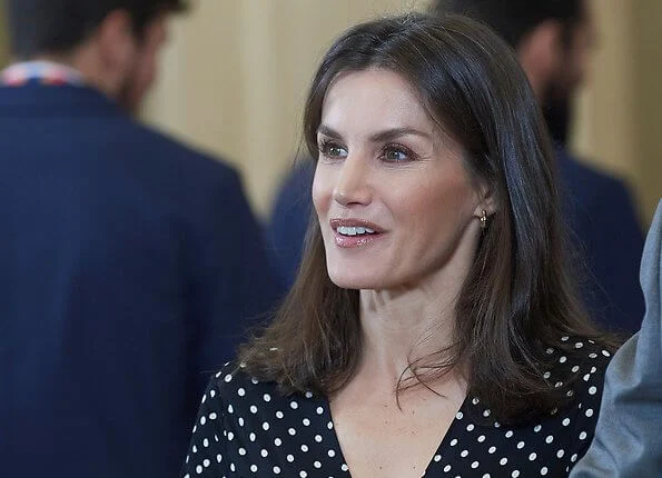 Queen Letizia wore Zara long sleeve polka dot maxi dress and Steve Madden boots. Karen Hallam earings. Tokyo 2020 Olympic Games