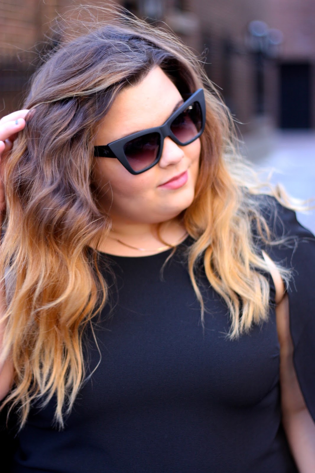little black dress plus size, LBD, OOTD, natalie craig, cape dress, chicago, natalie in the city, plus size fashion, fashion blogger, forever 21 plus, capes, 2016 fashion trends, why men dont like certain trends, curves and confidence, quay sunglasses blogger, bold sunglasses for my face shape