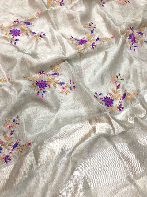 silver tissue saree with embroidery work