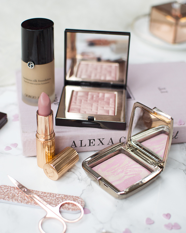 Giorgio Armani Luminous Silk, Bobbi Brown Highlighting Powder, Charlotte Tilbury Valentine Lipstick, Hourglass Blusher