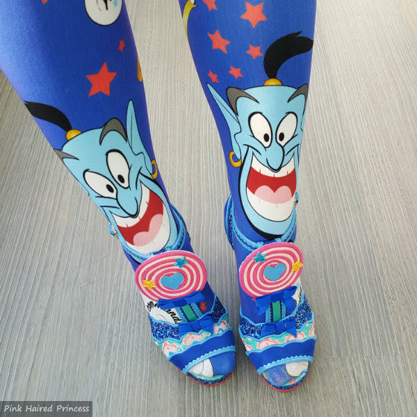 Irregular Choice Disney The Genie Tights with Candi Lolly shoes legs standing wearing Aladdin Genie tights with blue lollipop sandals