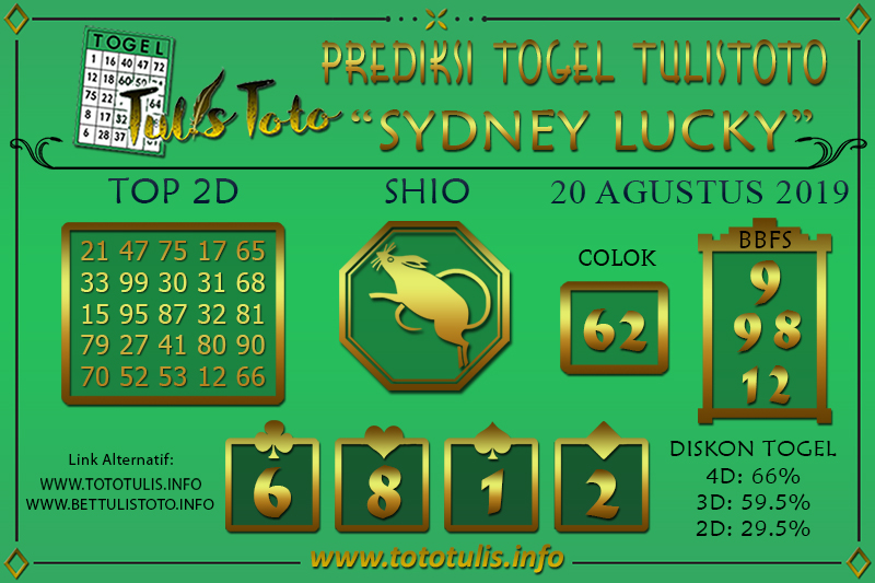 Prediksi Togel SYDNEY LUCKY TODAY TULISTOTO 20 AGUSTUS 2019