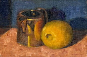 Oil painting of a lemon beside a small silver-plated jug, with the lemon partially reflected on the jug.