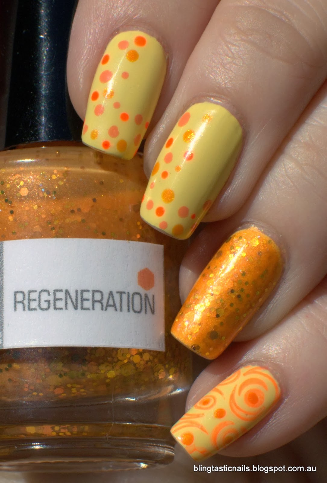 China Glaze Lemon Fizz with NerdLacquer Regeneration accent and dotting and stamping