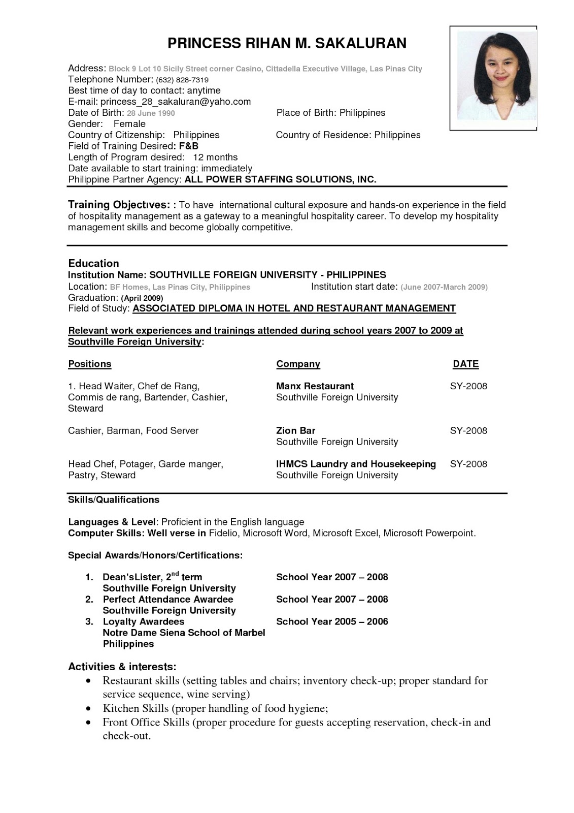 sample resume letter pdf