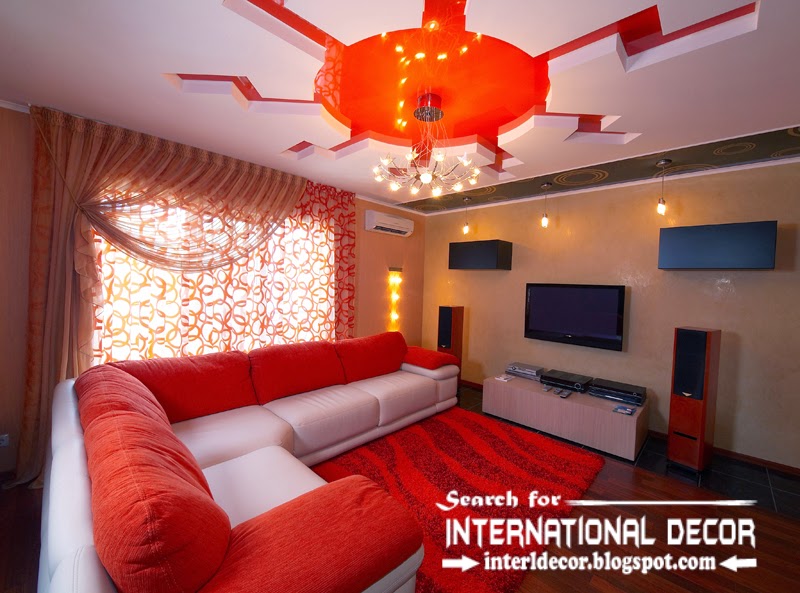 stretch ceilings in the interior of modern apartment, red stretch ceiling with modern living room