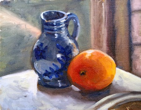Oil painting of a blue patterned jug and a mango on a small slab of marble beside a window.