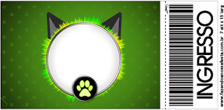 Cat Noir: Invitaciones para Imprimir Gratis. Tarjeta con forma de Ticket de Cat Noir.