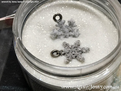 Tim Holtz Idea-Ology charms being altered with dry glitter - mixed media art by Jenny James