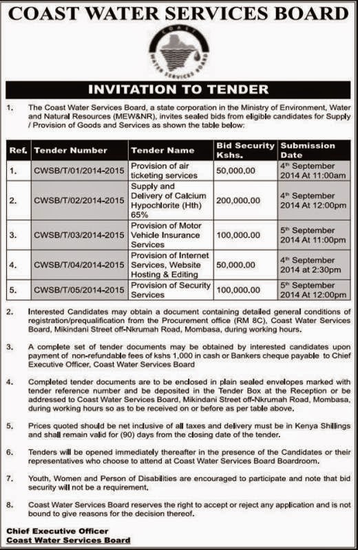 Kenya Tenders Online COAST WATER SERVICES BOARD