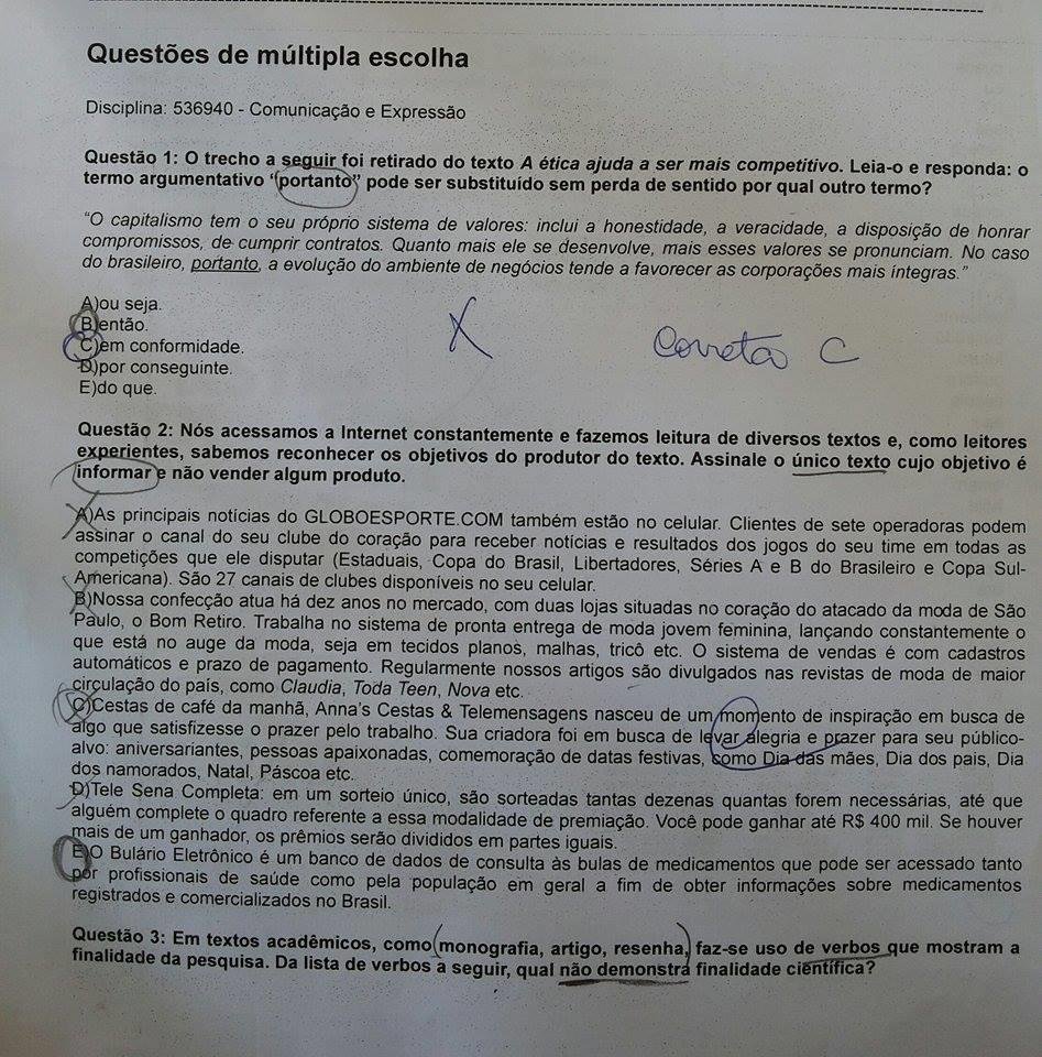 Gabarito Prova De Comunicação E Expressão Unip