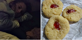 my daughter in bed not wanting to get up and some biscuits she had made