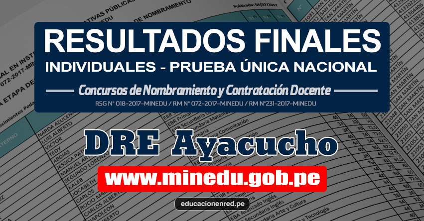 DRE Ayacucho: Resultado Final Individual Prueba Única Nacional y Relación de Postulantes Habilitados para Etapa Descentralizada Nombramiento Docente 2017 - MINEDU - www.dreaya.gob.pe DRE Ayacucho: Resultado Final Individual Prueba Única Nacional y Relación de Postulantes Habilitados para Etapa Descentralizada Nombramiento Docente 2017 - MINEDU - www.dreaya.gob.pe