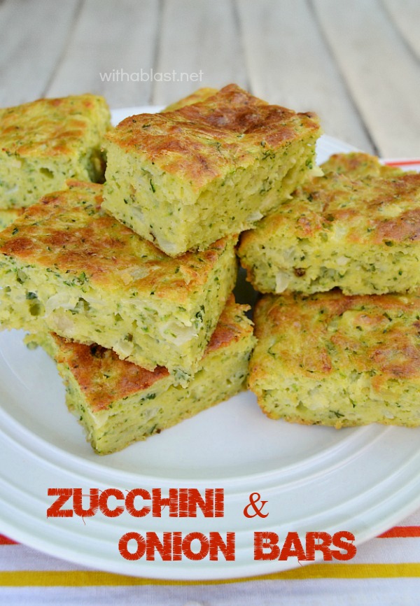 Easy, mix-n-bake recipe for Zucchini and Onion Bars ~ perfect for picnics, brunch, side dish or just a delicious quick savory snack {serve warm or cold}