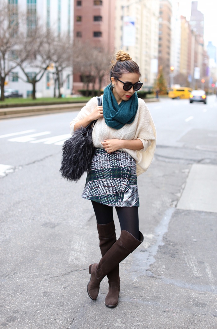 halogen teal deep cashmere scarf, chanel earrings, karen walker super duper sunglasses, quinn cashmere sweater, cocorocha botkier paris tote, tory burch simon over the knee boots, Over the knee boots, tweed plaid skirt, winter outfit, street style