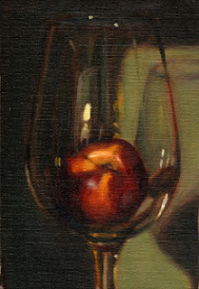 Oil painting of a yellow nectarine in a large wine glass.