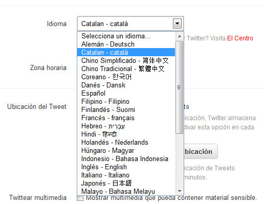 canvi d'idioma: twitter en català