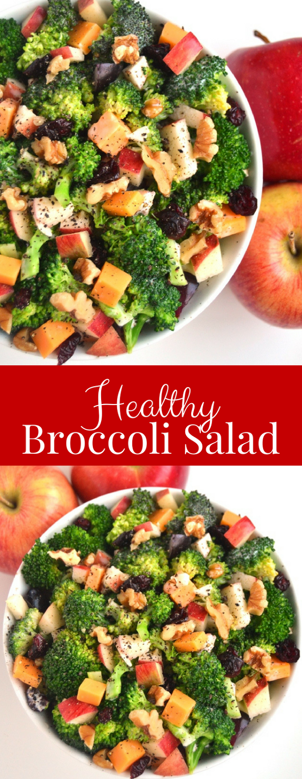 Healthy Broccoli Salad is made lighter with a creamy Greek yogurt dressing, Braeburn apples, cheddar cheese, grapes, walnuts and dried cranberries. www.nutritionistreviews.com