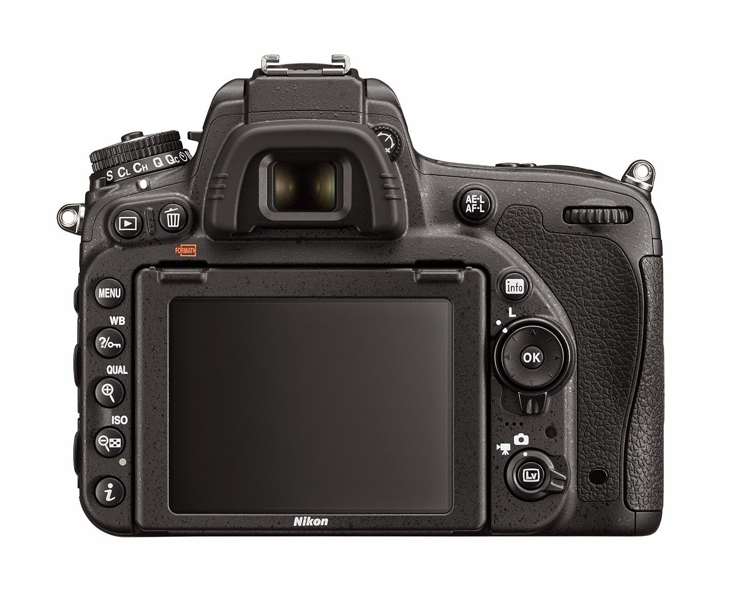 Nikon D750 rear view, picture, with tilting Vari-angle display screen, viewfinder, control buttons