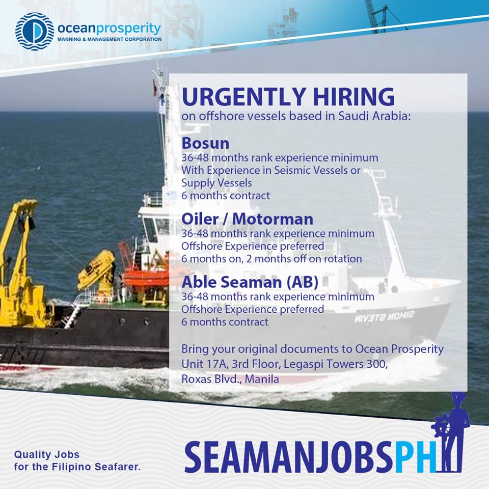 Urgently Hiring Able seaman, Oiler, Bosun For Offshore Vessels