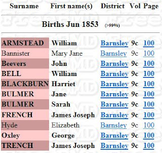 FreeBMD listing for the June Quarter of 1853 showing Jane and Sarah Bulmer indexed on the same page of the register.