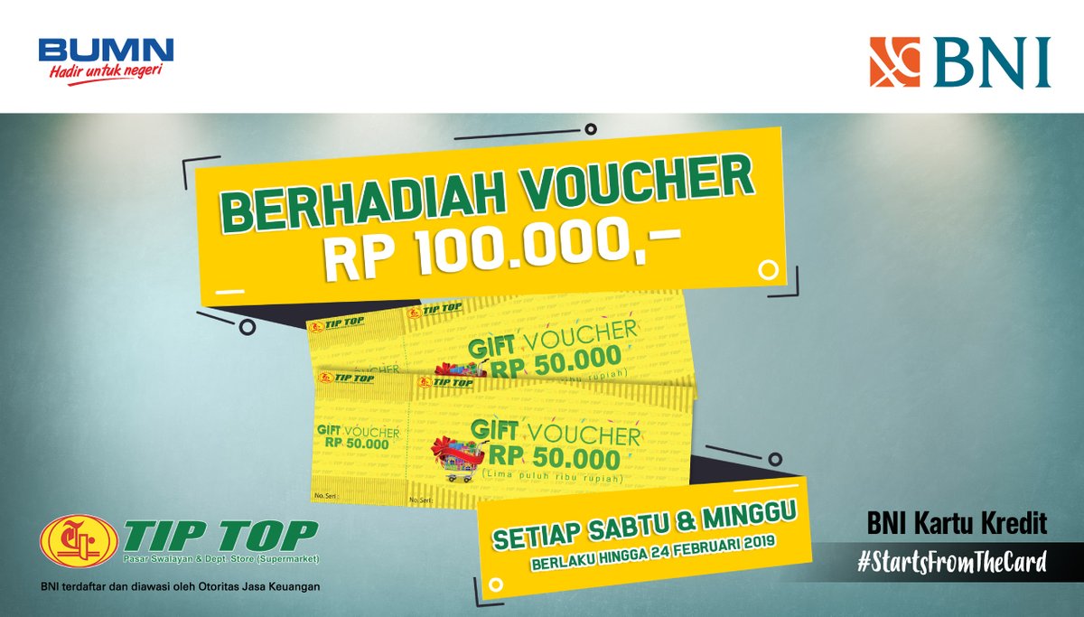 #BankBNI - #Promo Dapat Hadiah Voucher 100K Belanja di TipTop (s.d 24 Feb 2019) #BankBNI - #Promo Dapat Hadiah Voucher 100K Belanja di TipTop (s.d 24 Feb 2019)