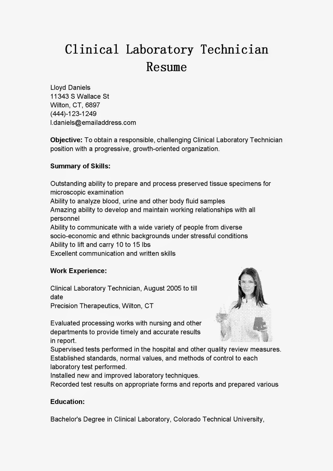 resume samples for lab technician job