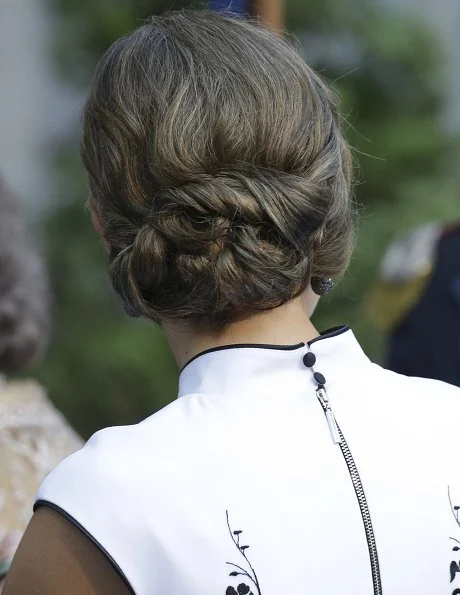 King Felipe VI and Queen Sofia. Queen Letizia wore Felipe Varela Floral-Embroidered dress, Magrit Pumps